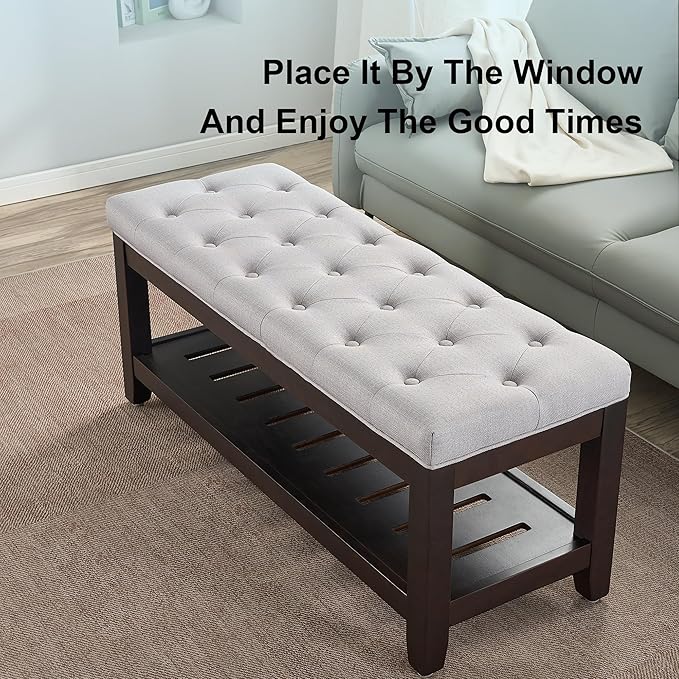 44" Ottoman Bench, Upholstered End of Bed Bench, Oversized Footrest with Wood Shelf torage Storage Bench for Bedroom, Entryway, Living Room, Light Grey