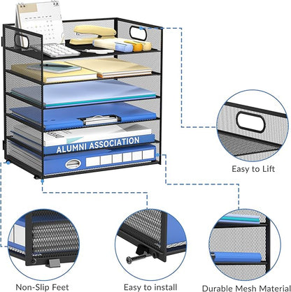 Daltack 6 Tier Paper Organizer for Desk, Paper Letter Tray Organizer for Desks, Mesh Desk File Organizers with Handle for Office, Home, School, Black, 2 Pack