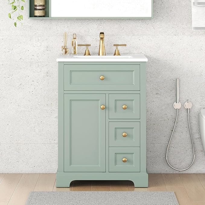 24'' Bathroom Vanity with Sink, MDF & Pinewood Construction, 3 Drawers & Cabinet with 2-Tier Door Storage Rack, Soft-Close Door & Drawers, Modern Design for Small to Medium Bathrooms, Green