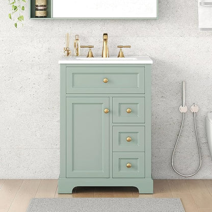 24'' Bathroom Vanity with Sink, MDF & Pinewood Construction, 3 Drawers & Cabinet with 2-Tier Door Storage Rack, Soft-Close Door & Drawers, Modern Design for Small to Medium Bathrooms, Green