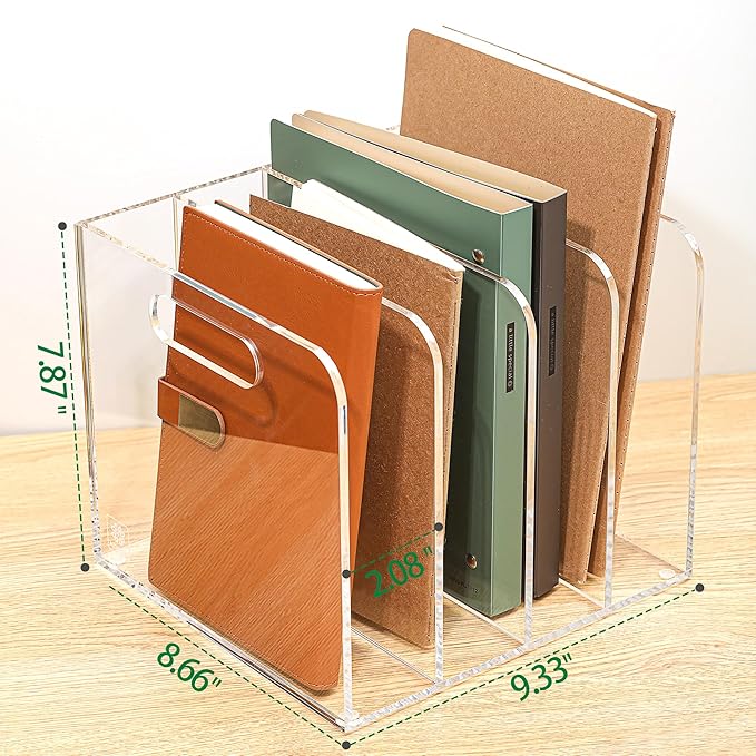 Acrylic Magazine File Holder, 4 Vertical Compartments Desk Document Sorter Organizer, Clear Folder Rack Binder for Office/Documents/Classroom, for Home, Tablet, Magazines, Books & Accessories