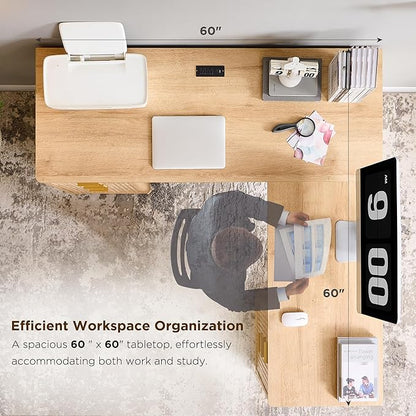 T4TREAM 60'' Fluted Executive L Shaped Desk, Modern Home Office Desk with Charging Station and File Drawer, Computer Corner Desks with Drawers & Storage Cabinet for Office Home, Bedroom, Natural Oak