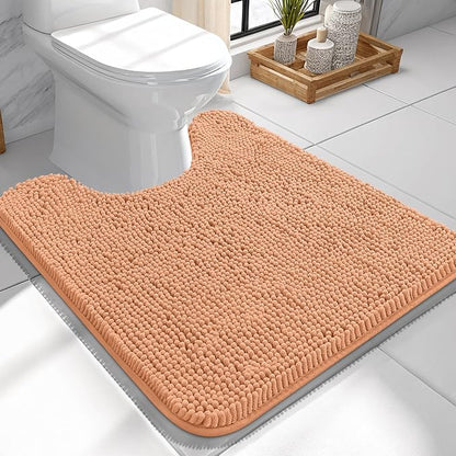 OLANLY Toilet Rugs U-Shaped 24x24, Extra Soft Absorbent Chenille Contour Bathroom Rugs for Toilet, Dry Quickly, Machine Washable, Non-Slip Bath Mat, Peach