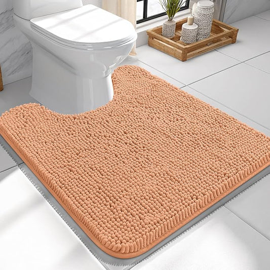 OLANLY Toilet Rugs U-Shaped 24x24, Extra Soft Absorbent Chenille Contour Bathroom Rugs for Toilet, Dry Quickly, Machine Washable, Non-Slip Bath Mat, Peach