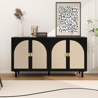 Black Sideboard Buffet Cabinet, 4-Door Rattan Storage Cabinet, Coffee Bar with Adjustable Shelf, Accent Furniture for Living Room, Entryway, Home Office, Black
