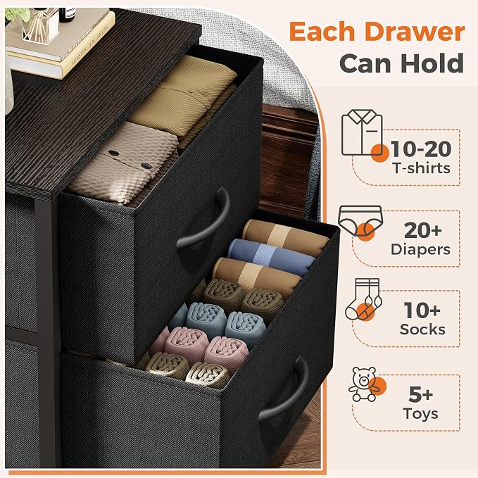 Sweetcrispy Nightstand Set of 2 with 2 Storage Drawers, 20" Height Small Bed Side Furniture End Table, Wooden Top Fabric Cabinet Kids Mini Dresser for Bedroom, Closet, Entryway, College Dorm, Black