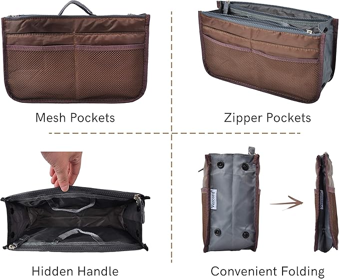 Vercord Purse Organizer Insert for Handbags Bag Organizers Inside Tote Pocketbook Women Nurse Nylon 13 Pockets Coffee Large