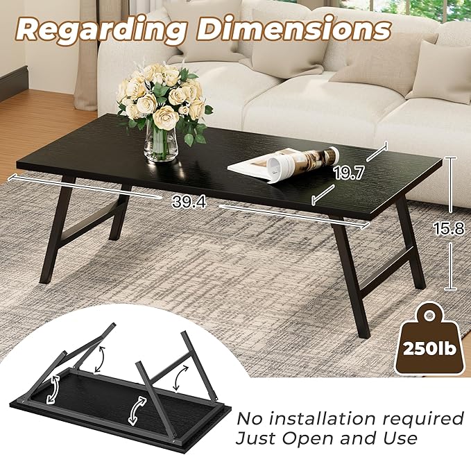 Folding Coffee Table, 39.4” Portable Floor Table Desk for Sitting on The Floor, No Assembly Low Coffee Table for Living Room, Home, Caravan and Camping, Large 39.4Lx19.7Wx15.8H, Black