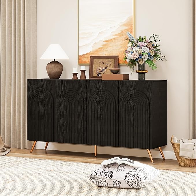 59" Accent Storage Cabinet with Doors, Modern Decorative Cabinet with 3D Carved Door, Sideboard Buffet Cabinets with Adjustable Shelves, Credenza for Living Room, Entryway, Dining Room, Black