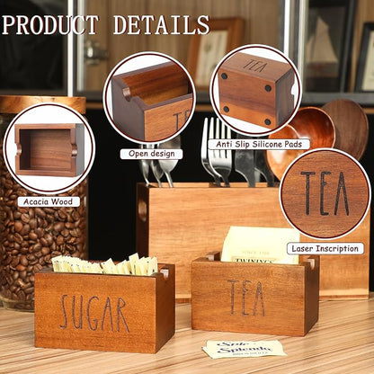 Acacia Sugar Packet Caddy for Coffee Bar, Farmhouse Wood Sugar Holder Packets , Sugar Packet Container, Small Tea Bag Organizer for Office Table,Hotel, Restaurant (Brown-Labeled "TEA")