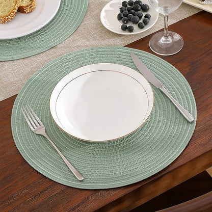 SHACOS Round Placemats Set of 8 Washable 15 inch Round Table Mats Cotton Polyester Woven Braided Place Mats for Dining Table Wedding Party Decor, Sage Green