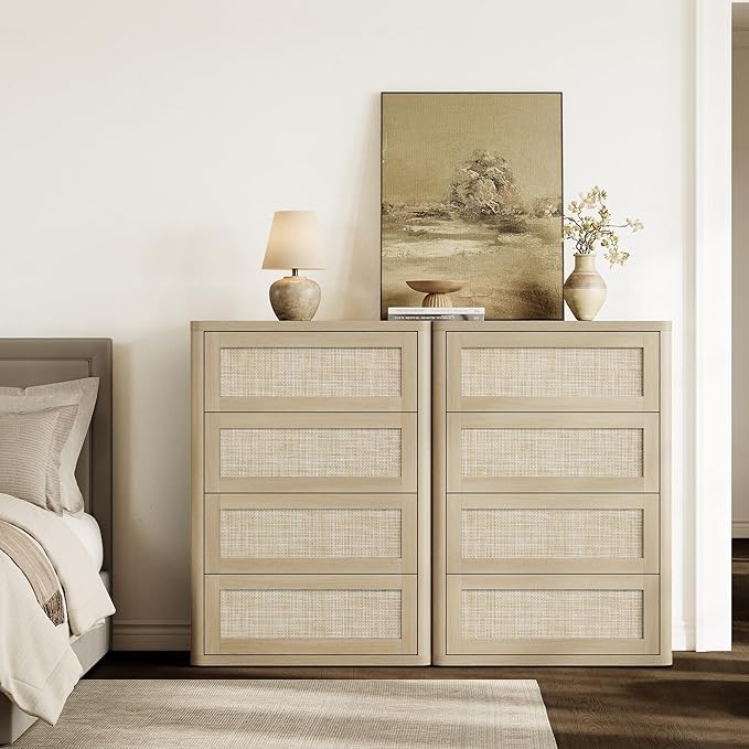 SICOTAS 4 Drawer Dresser for Bedroom-40.59'' Tall Rattan Bedroom Dressers with Oversized Drawers, Boho Wooden Chest of Drawers, Push-to-Open Storage Dresser for Closet, Nursery, Sand Oak, 2PCS