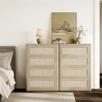 SICOTAS 4 Drawer Dresser for Bedroom-40.59'' Tall Rattan Bedroom Dressers with Oversized Drawers, Boho Wooden Chest of Drawers, Push-to-Open Storage Dresser for Closet, Nursery, Sand Oak, 2PCS