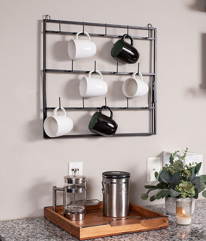BIRDROCK HOME 14-Hook Mug Rack - Free Standing or Wall Mountable - Coffee Tea Cup Glass Storage Holder - Coffee Bar Display Décor - Decorative Kitchen Organizer - Flat Black Metal Steel