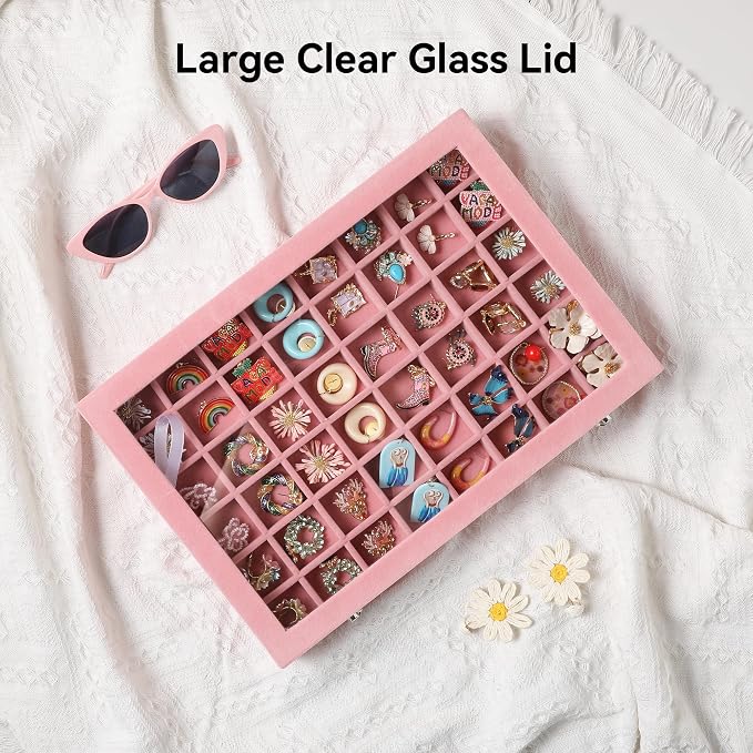 Frebeauty 48 Grid Jewelry Tray,Adjustable Earring Holder Organizer with Glass Lid,Velvet Drawer Jewelry Organizer for Rings,Studs,13.8 x 9.5 x 2 Inches Jewelry Display Box,Gift for Women(Pink)