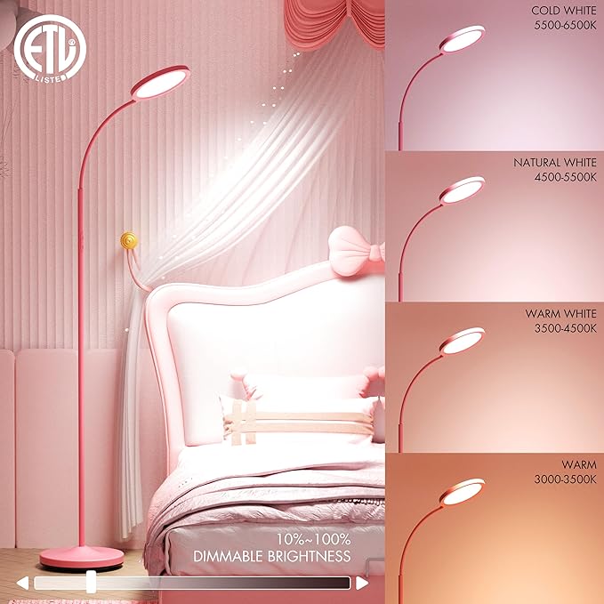 luckystyle Pink Floor Lamp,Super Bright Dimmable LED Lamps for Living Room, Custom Color Temperature Standing Lamp with Remote Push Button, Adjustable Gooseneck Reading Floor Lamp for Bedroom Office