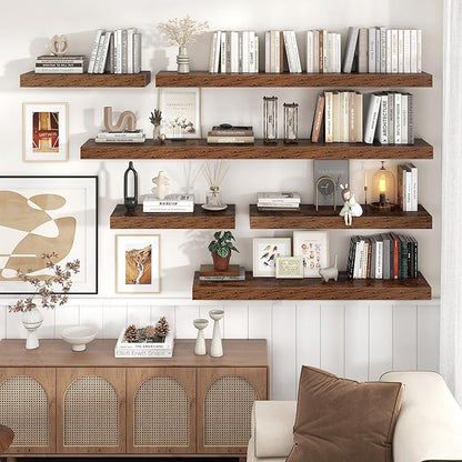 Floating Shelves for Wall, 24 Inch Wide x 12 Inch Deep Floating Shelves, Long Wood Floating Wall Shelf Shelves for Living Room Bathroom Bedroom Kitchen Home - (Brown, 24" W x 12" D x 2" H)