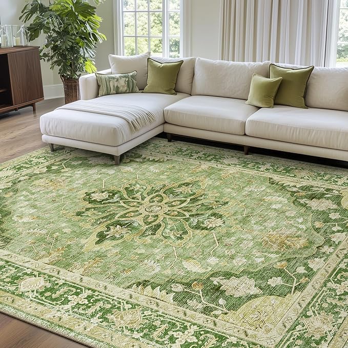 RELEANY Area Rugs Large 9'x12' Washable Non-Slip, Floral Vintage Distress Medallion Carpet for Living Room Bedroom Dining Room, Sage Green Yellow