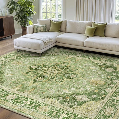 RELEANY Area Rugs Large 9'x12' Washable Non-Slip, Floral Vintage Distress Medallion Carpet for Living Room Bedroom Dining Room, Sage Green Yellow
