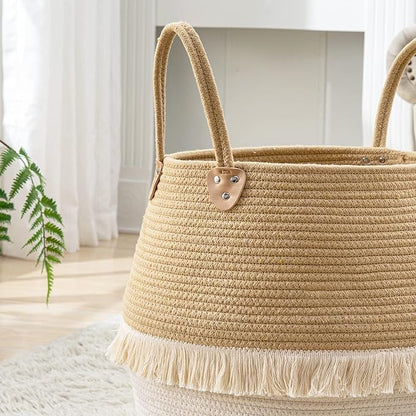 KAKAMAY Woven Baskets for Storage(17"x17"),Large Cotton Rope Woven Baby Laundry Hamper,Collapsible Laundry Basket, Blanket Basket for Organizing Living Room,Nursery,Pillows,Toy Chest(Beige)