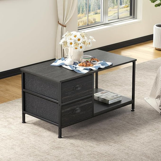 SENIG Coffee Table with Drawers, Coffee Table for Living Room, 2-Tier Coffee Tables with Storage Drawers，Oak Coffee Tables for Small Spaces, Rectangle Wood Table, Metal Side End Table