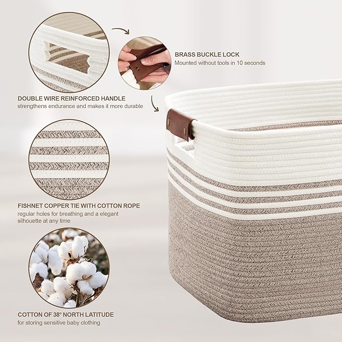 SunNewt 45L Small Laundry Basket with Leather Handles for Living Room Storage, Woven Rope Baskets Bin for Blanket, Kids Toy, Gifts, Wicker Hamper for Bedroom Dirty Clothes, 18"x14"x11" White Brown
