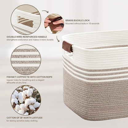 SunNewt 45L Small Laundry Basket with Leather Handles for Living Room Storage, Woven Rope Baskets Bin for Blanket, Kids Toy, Gifts, Wicker Hamper for Bedroom Dirty Clothes, 18"x14"x11" White Brown