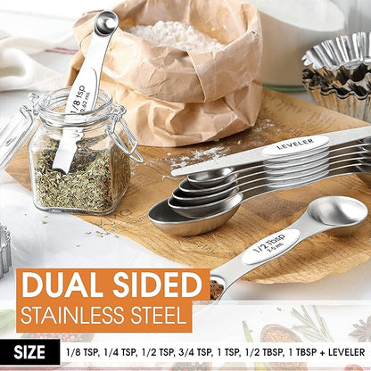 Spring Chef White Stainless Steel Magnetic Measuring Spoons Set of 8 with Leveler, Dual Sided Metal Teaspoon & Tablespoon Measuring Spoons, Fits in Spice Jars, Kitchen Gadgets for Baking & Cooking