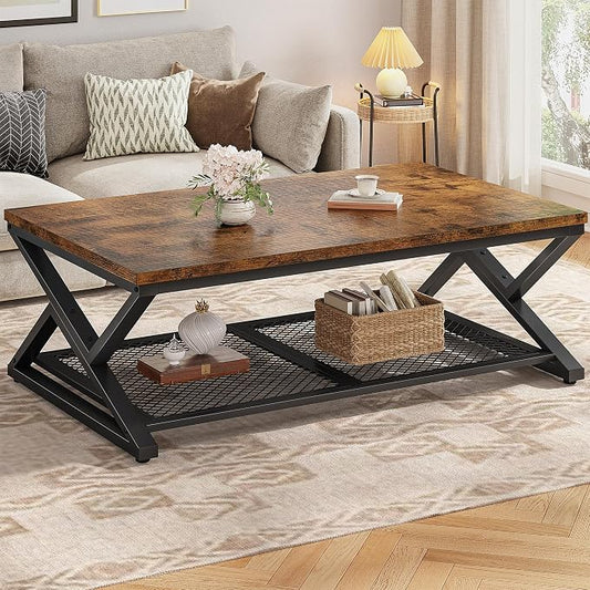 EnHomee Rustic Coffee Table with Storage, Farmhouse Coffee Table with Mesh Shelf, 2 Tier Rectangular Center Table for Living Room, Home Office, 47.2 Inch, Rustic Brown