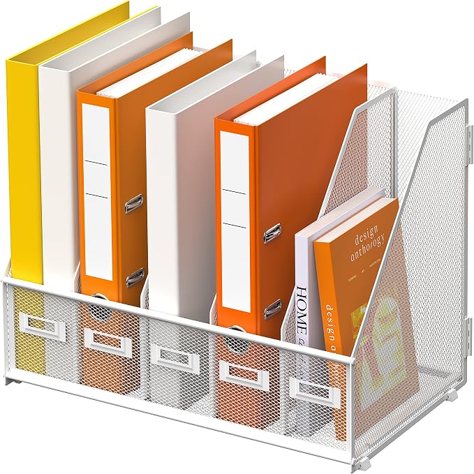 DALTACK Desk Organizers Metal Magazine File Holder with 5 Vertical Compartments Folder Storage Binder Organizer for Office Home School Organization, White Plus