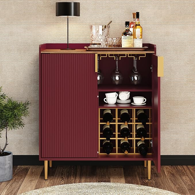ARTPOWER Coffee Bar Cabinet with Wine Racks, Red Liquor Cabinet with Fluted Texture, Modern Sideboard Buffet Cabinet for Kitchen Dining Room, Living Room