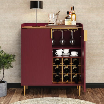 ARTPOWER Coffee Bar Cabinet with Wine Racks, Red Liquor Cabinet with Fluted Texture, Modern Sideboard Buffet Cabinet for Kitchen Dining Room, Living Room