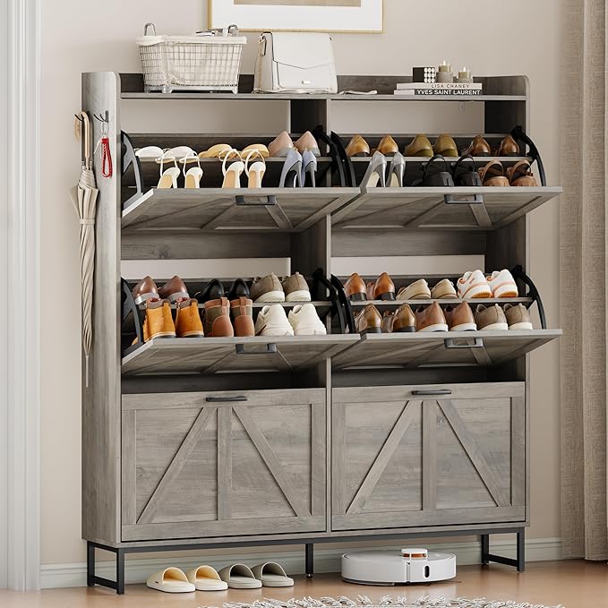 Shoe Cabinet Storage for Entryway, Shoe Storage Cabinet with 6 Flip Drawers, Freestanding Narrow Shoe Rack Organizer with Metal Legs for Foyer, Hallway, Grey