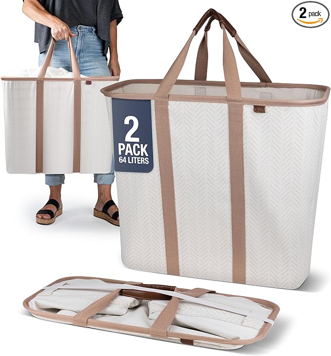 CleverMade Collapsible Laundry Caddy – Foldable Laundry Hamper & Tote, XXL 64L Pop-Up Laundry Basket with Handles, Space-Saving Laundry Organizer for Home & Travel, 2 Pack - LUXE Cream Herringbone