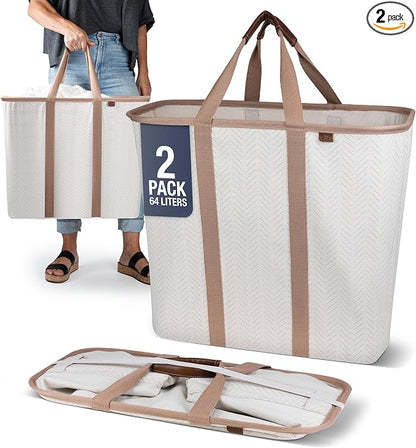 CleverMade Collapsible Laundry Caddy – Foldable Laundry Hamper & Tote, XXL 64L Pop-Up Laundry Basket with Handles, Space-Saving Laundry Organizer for Home & Travel, 2 Pack - LUXE Cream Herringbone