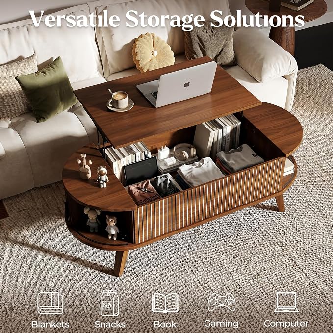 Oval Lift Top Coffee Table with Storage, 47.2" Mid Century Modern Fluted Coffee Table with Sliding Tambour Doors & Hidden Compartment, for Living Room Home Office, Walnut