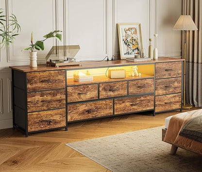 Huuger 70 Inch TV Stand for 75, 80 Inch TV, 11 Drawer Long Dresser with Power Outlets and LED Lights, Entertainment Center with Storage, Rustic Brown Dresser with Printed Surface