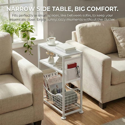 Skinny Side Table with Storage, 3 Tier Slim Side Tables for Small Spaces, Skinny End Table Narrow Bedside Table Narrow Side Table for Living Room, Bedroom
