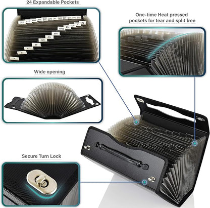 CNK Accordion File Folders with 24 Pockets Organizer for Document Paper Storage Folder Documents Expanding Binder Folio Pocket Receipt Filing Expandable Files Dividers Labels Letter Durable Handle