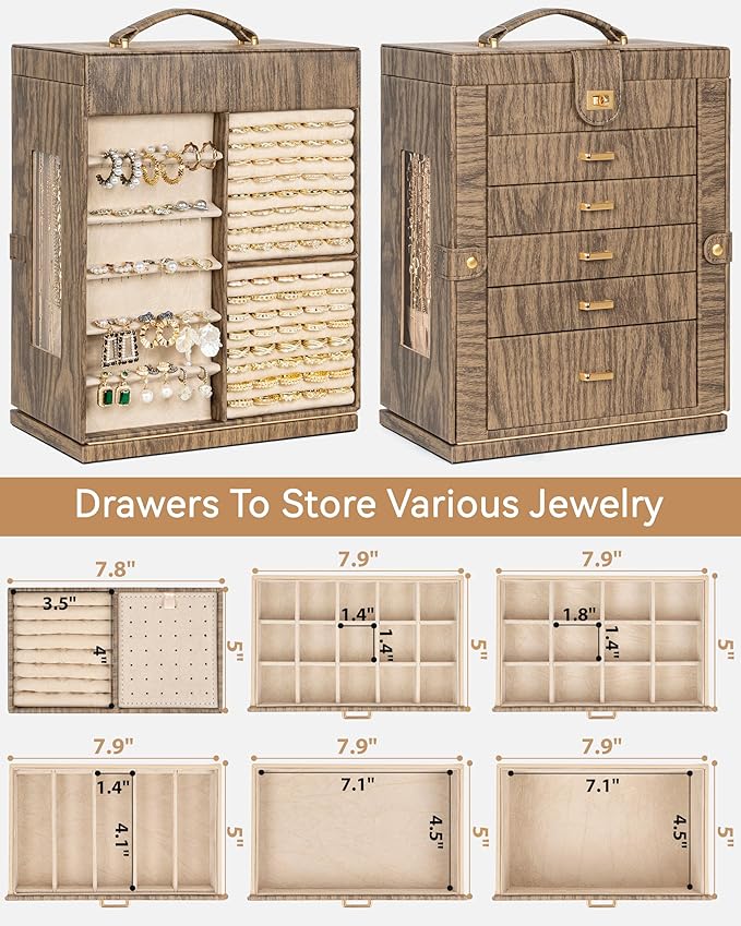 AKOZLIN 360° Rotating Jewelry Box Extra Large 6-Tier Organizer Functional Jewelry Storage Case for Women Girls Ring Necklace Earring Bracelet Holder with Mirror Color Wood Grain