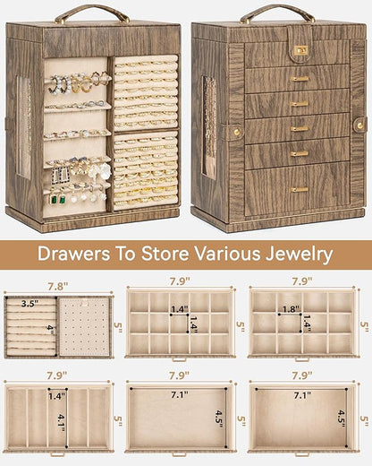 AKOZLIN 360° Rotating Jewelry Box Extra Large 6-Tier Organizer Functional Jewelry Storage Case for Women Girls Ring Necklace Earring Bracelet Holder with Mirror Color Wood Grain