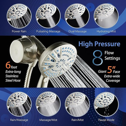 AquaCare Magneton 8-setting Magnetic Docking Hand Shower with Built-in Shower Filter - ON/OFF Filtration Modes, Instant Cartridge Reload, Stay-Clean KDF Cartridge, 6 ft. Steel Hose, Satin Nickel
