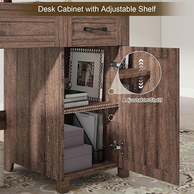 Farmhouse 47" Executive Desk, Computer Desk with Drawers and Storage Cabinet, Workstation Computer Desk for Home Office, Study.Red-Brown