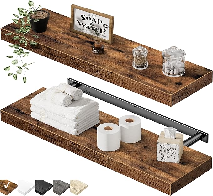 QEEIG Floating Shelves for Wall 23.6" Long - Wall Mounted Shelf Bathroom Kitchen Living Room Bedroom Farmhouse Home Decor Display Bookshelf Large 23.6 x 9.3 inch Set of 2, Rustic Brown (008-60BN)