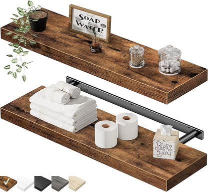 QEEIG Floating Shelves for Wall 23.6" Long - Wall Mounted Shelf Bathroom Kitchen Living Room Bedroom Farmhouse Home Decor Display Bookshelf Large 23.6 x 9.3 inch Set of 2, Rustic Brown (008-60BN)
