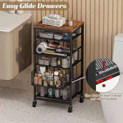 Rolling Cart with Drawers, 5-Drawer Storage Cart on Wheels with Vintage Wooden Top, Heavy Duty Metal Utility Cart, Mobile Craft Art Storage Cart for Kitchen, Bathroom, Office, Bedroom, Art Studio