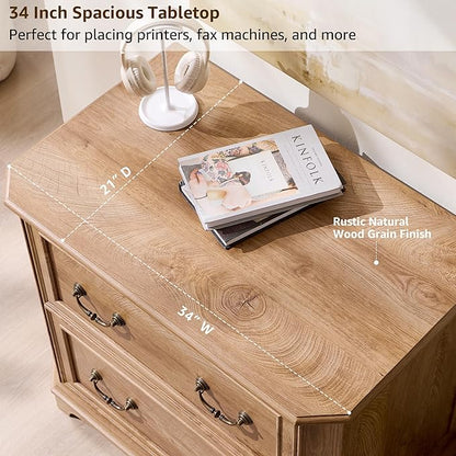 T4TREAM 2 Drawer File Cabinet with 34" Wide Wooden Tabletop, 34" Farmhouse Lateral Filing Cabinet with Smooth Rails, Holds Letter/Legal, Hexagonal Design & Framed Drawer Fronts, Light Knotty Oak