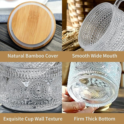 DOPUDO Vintage Glass Coffee Mugs,Overnight Oats Containers With Lids,Glass Cup With Sealed Lid and Spoon,Glass Coffee Mugs,Coffee Bar Accessories,Ideal for Cappuccino, Latte(4-Pack,14oz)
