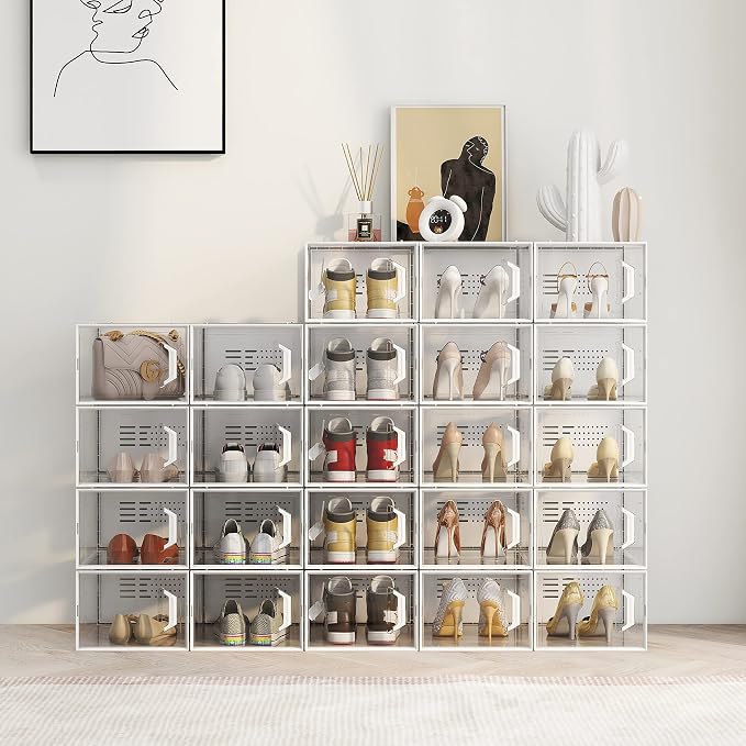 SEE SPRING X-Large Shoe Storage Box Fit Size 11, Clear Plastic Stackable Shoe Organizer for Closet, Space Saving Sneaker Shoe Rack Containers Bins Holders for Entryway, Under Bed, 12 Pack Black
