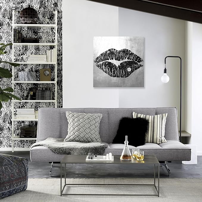 Lip Canvas Wall Art Black and Grey Wall Decor Sexy Lip Poster Framed Picture Gray Room Decor for Bedroom Bathroom Makeup Room 24x24Inch